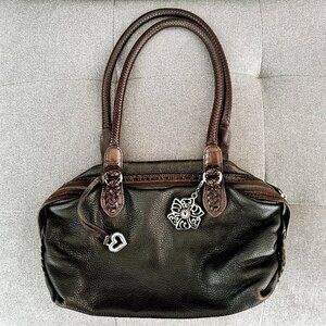 Brighton Genuine Leather Brown Shoulder Bag Purse w/ Iconic Heart And Flower